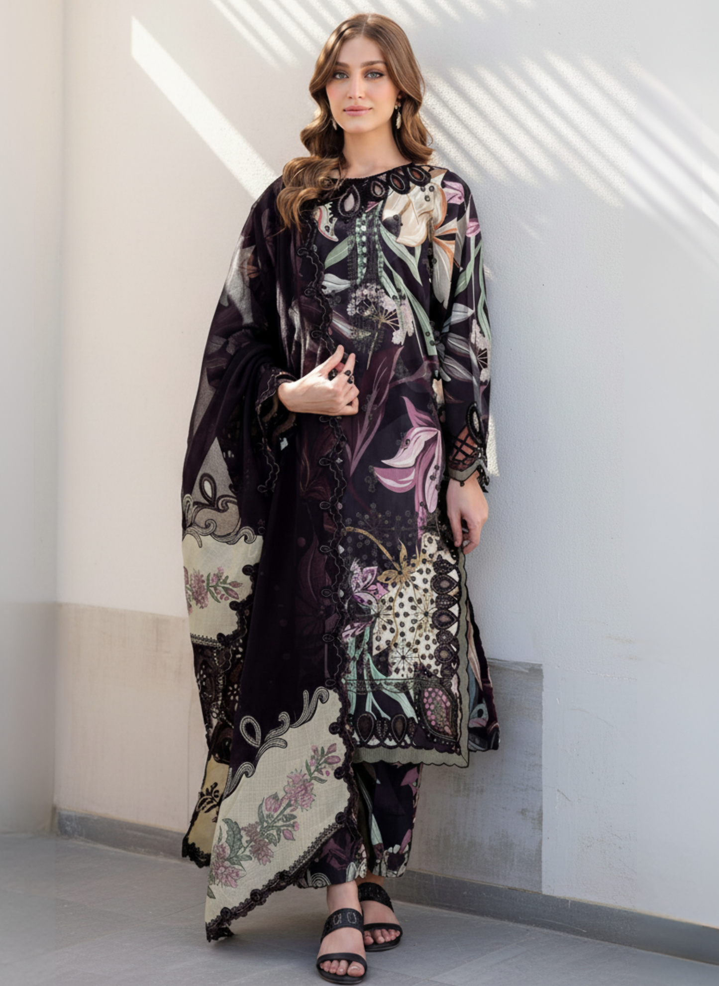 Black Unstitched Printed Embroidered Lawn 3-Piece Suit with Lawn Dupatta