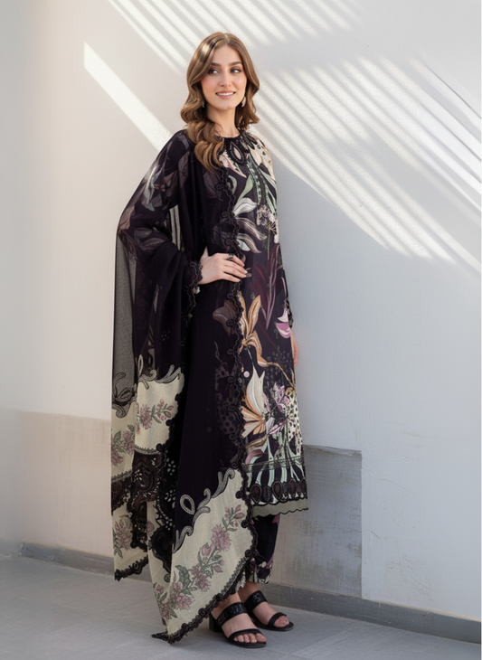 Black Unstitched Printed Embroidered Lawn 3-Piece Suit with Lawn Dupatta