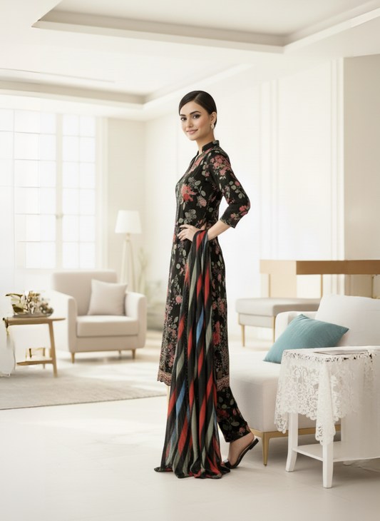 Black Floral Unstitched Printed & Embroidered Lawn 3-Piece Suit With Multi-Color Lawn Dupatta