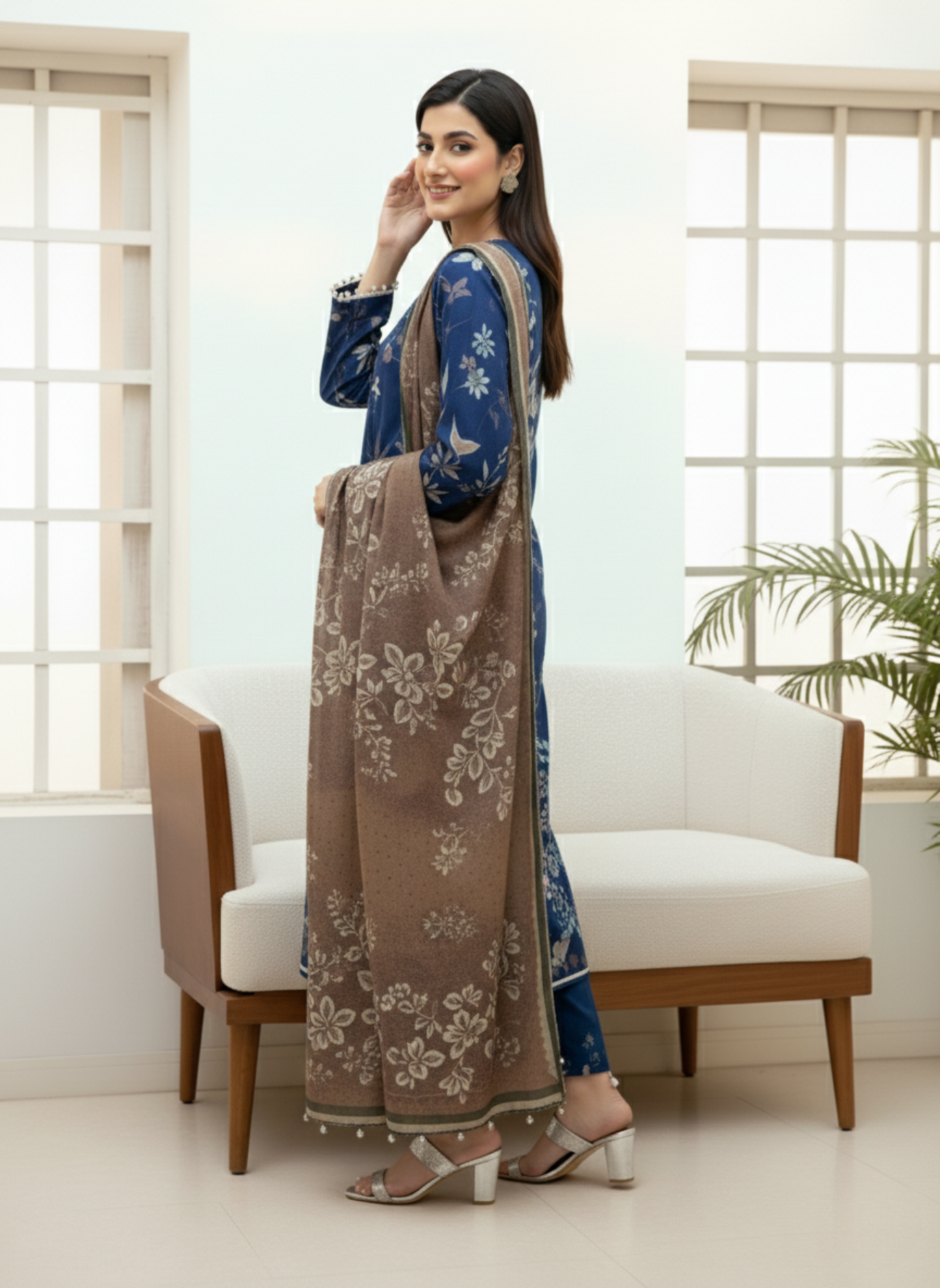 Royal Blue Floral Printed Lawn 3-Piece Unstitched Suit with Contrast Lawn Dupatta