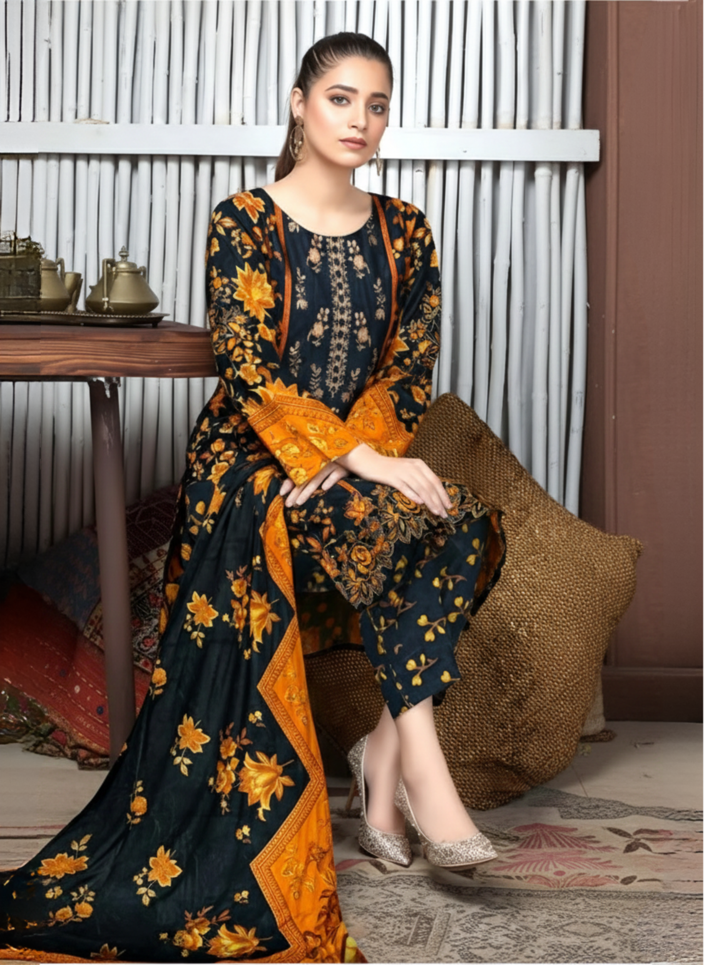 Black & Mustard Floral Printed and Embroidered Unstitched Lawn 3-Piece Suit with Lawn Dupatta
