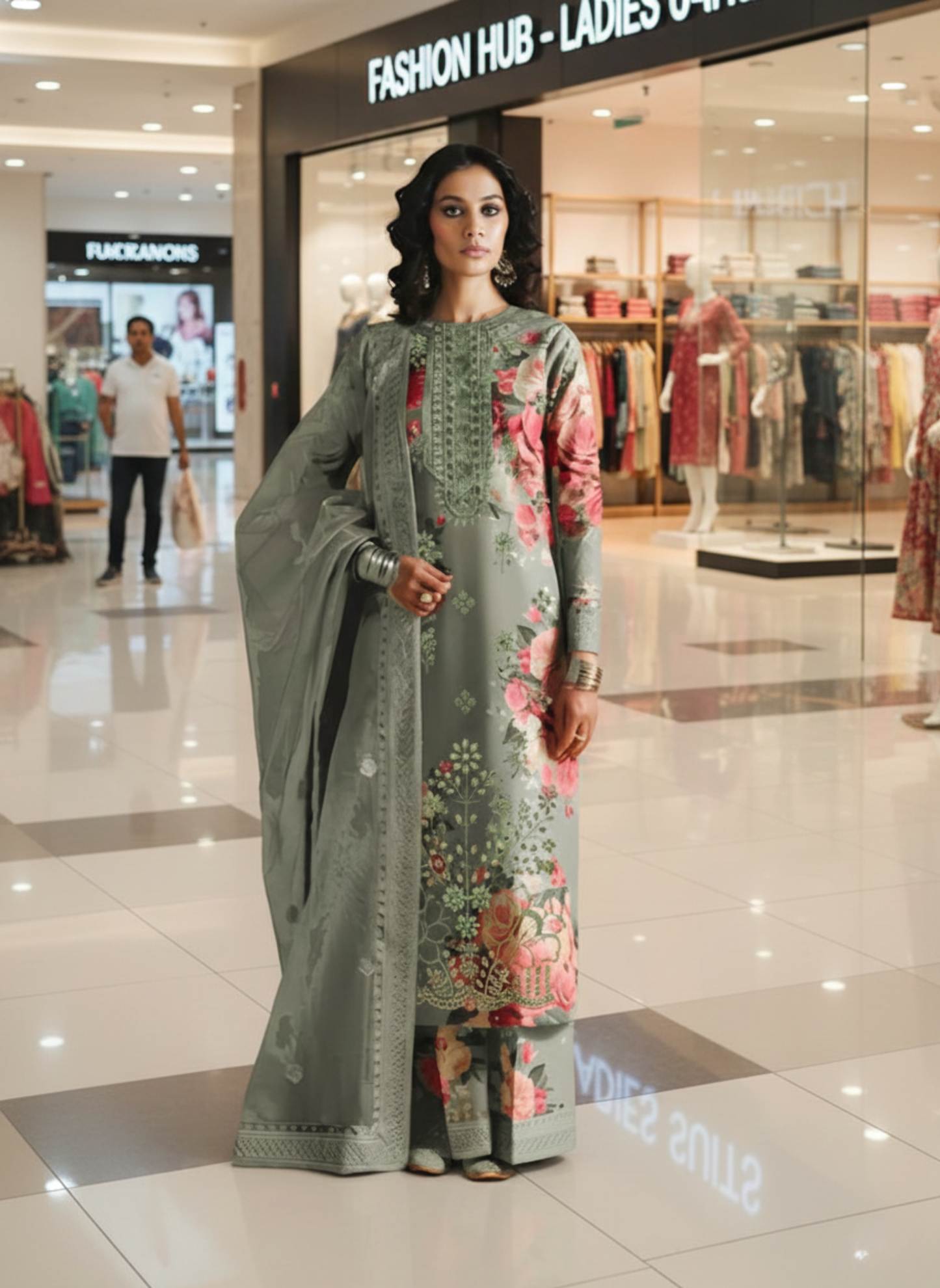 Luxury Grey Floral Printed & Embroidered Unstitched Lawn 3-Piece Suit with Lawn Dupatta