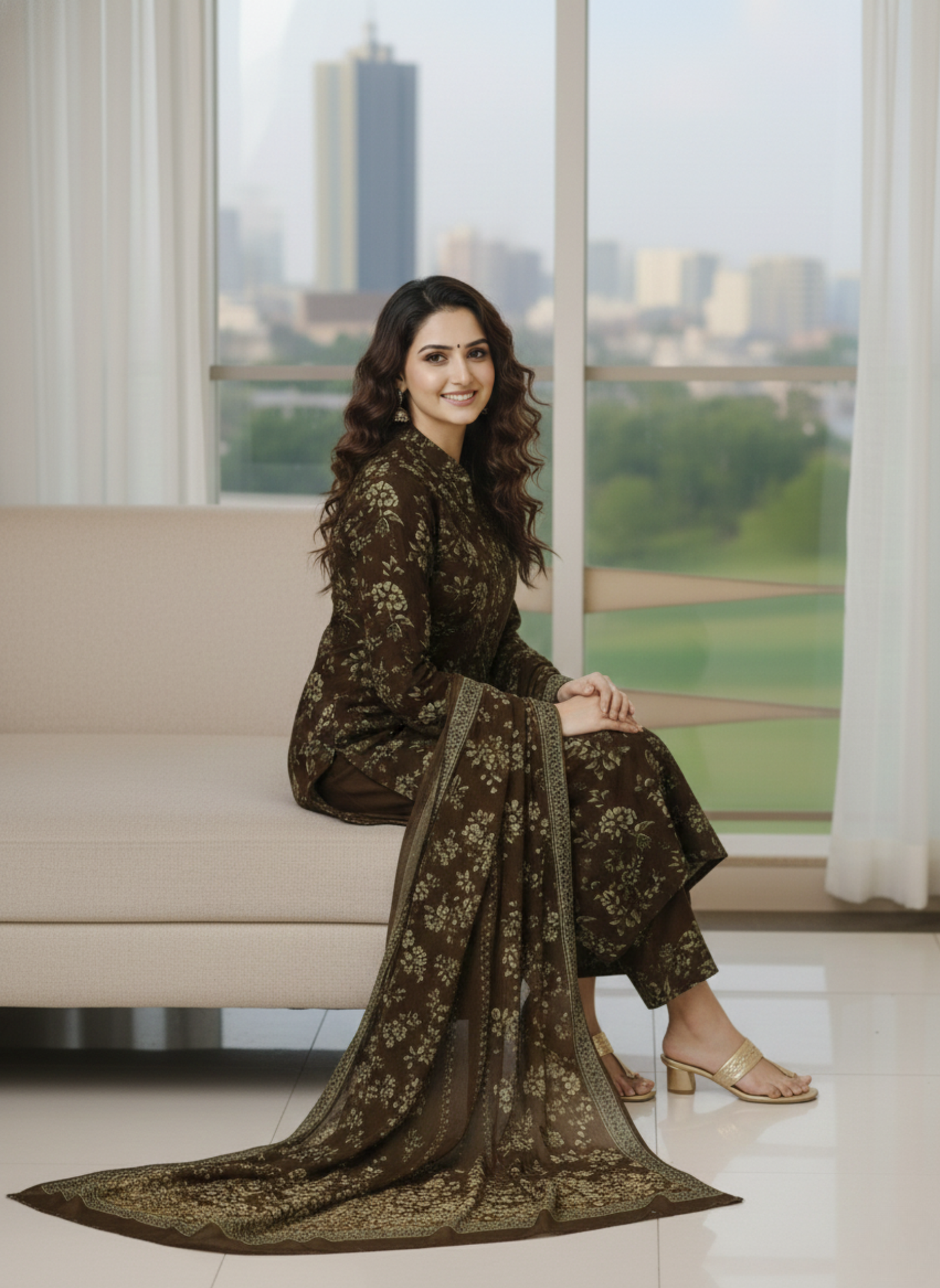 Elegant Brown Floral Embroidered & Printed 3-Piece Unstitched Lawn Suit with Printed Dupatta