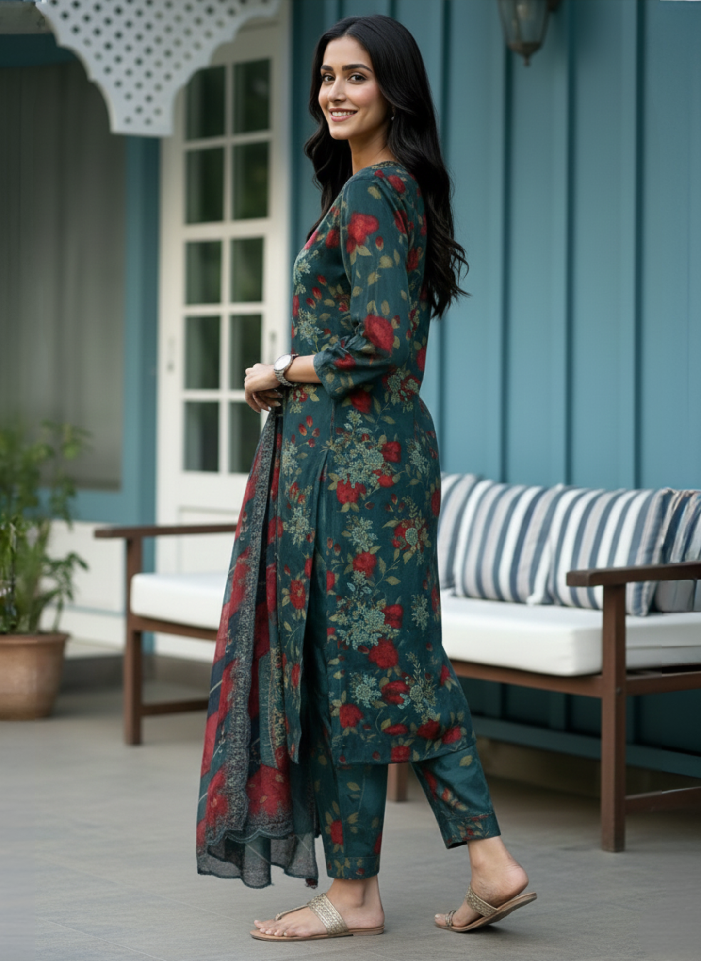 Premium Dark Teal 3-Piece Unstitched Printed & Embroidered Lawn Suit With Lawn Dupatta