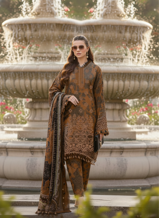 Chocolate Brown Luxury Embroidered & Printed 3-Piece Suit With Printed Lawn Dupatta