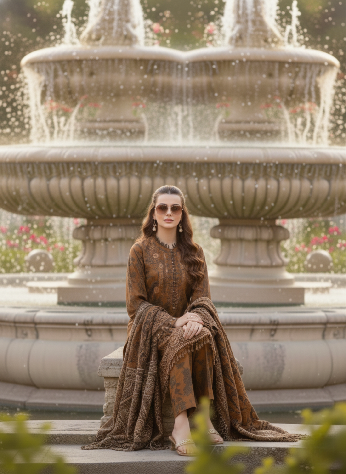 Chocolate Brown Luxury Embroidered & Printed 3-Piece Suit With Printed Lawn Dupatta