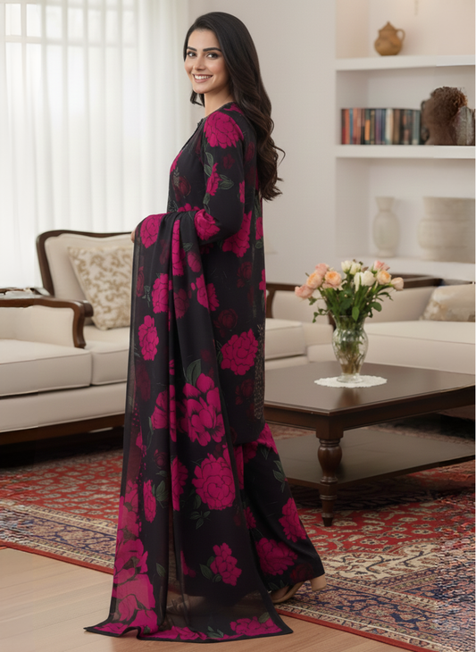 Black & Magenta Luxury Unstitched 3-Piece Embroidered Suit With Lawn Dupatta
