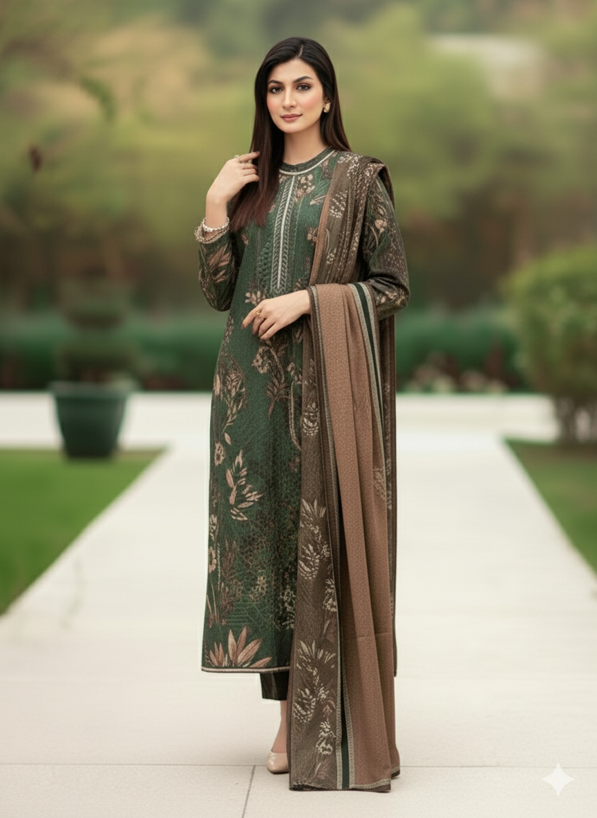 Deep Green Unstitched Embroidered 3-Piece Lawn Suit with Matching Chiffon Dupatta