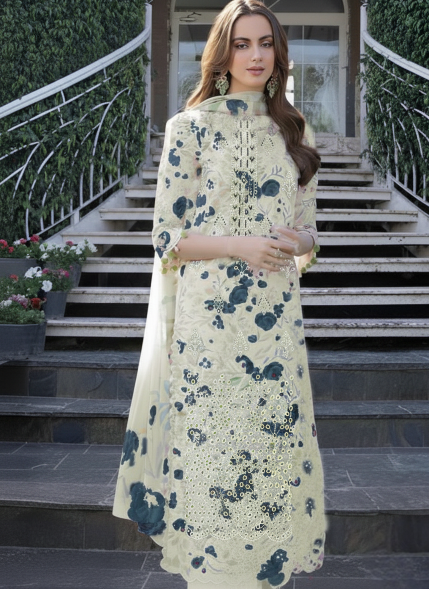 Lemon & Teal Floral Unstitched Embroidered 3-Piece Suit with Matching Chiffon Dupatta