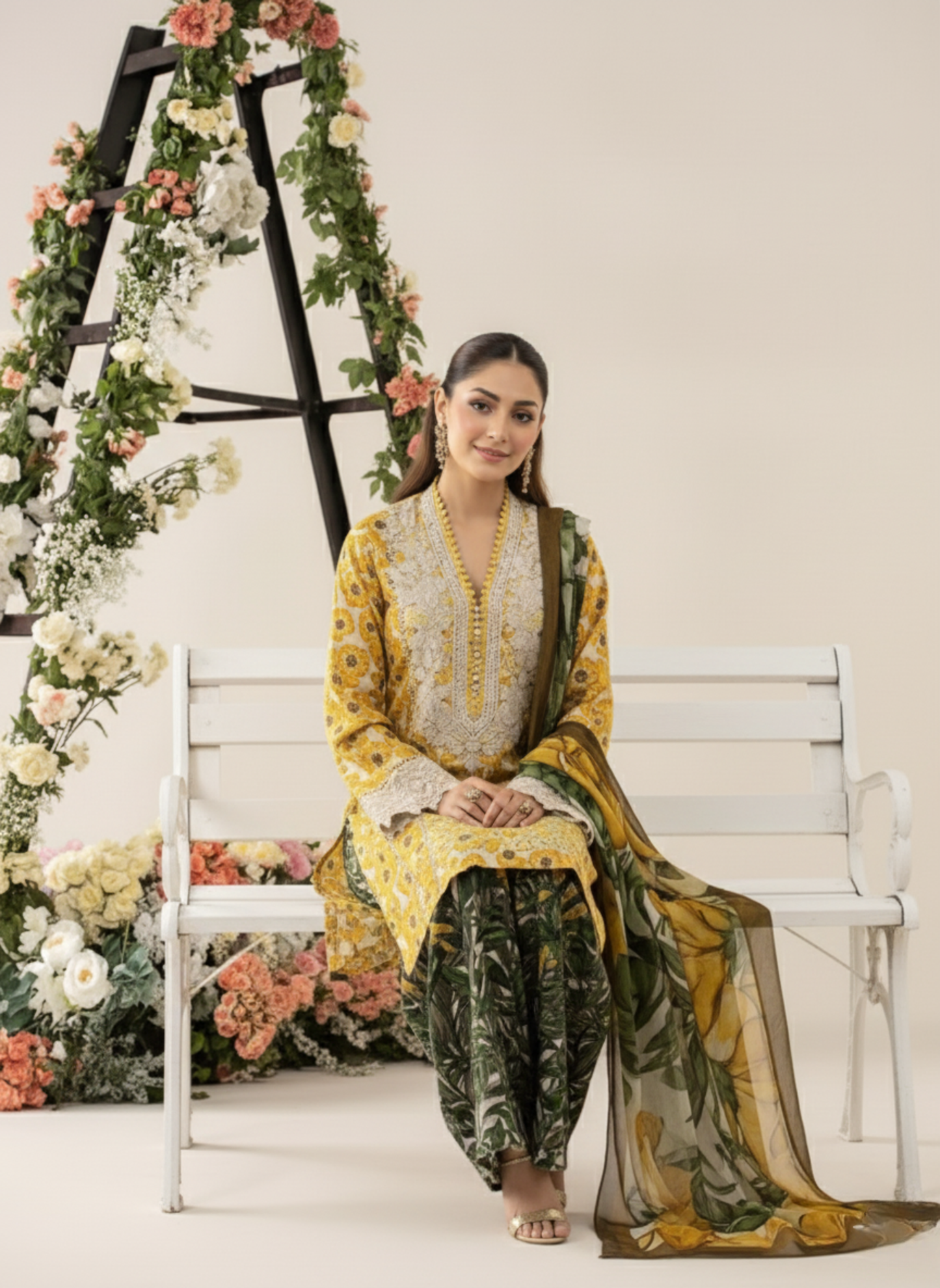 Sunflower Yellow Unstitched Embroidered 3-Piece Suit with Printed Chiffon Dupatta