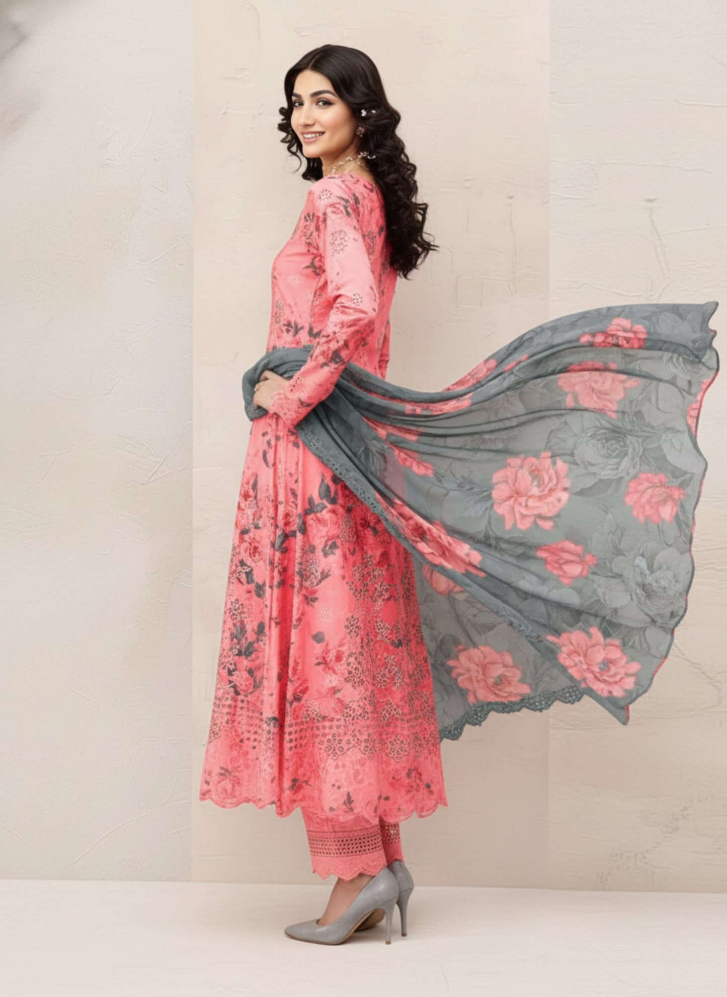 Blush Pink Unstitched Embroidered 3-Piece Suit with Charcoal Grey Chiffon Dupatta