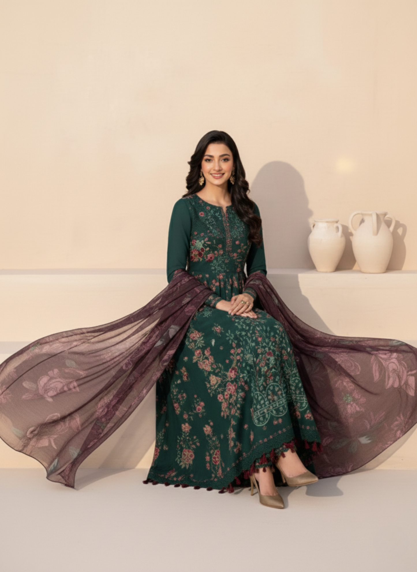 Deep Emerald Unstitched Embroidered Lawn 3-Piece Suit with Chiffon Dupatta