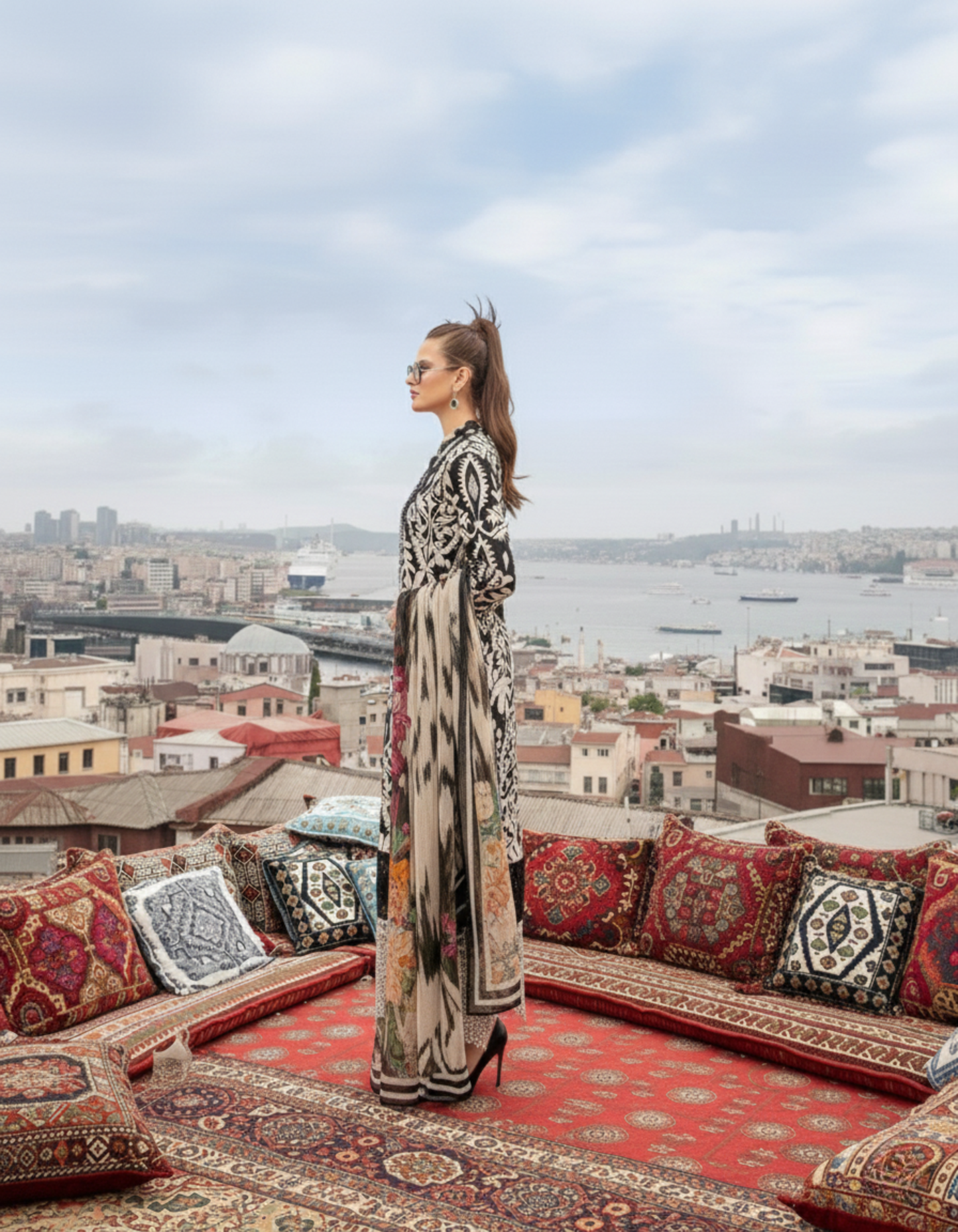 Black & Beige Unstitched Printed Embroidered Lawn 3-Piece Suit with Chiffon Dupatta