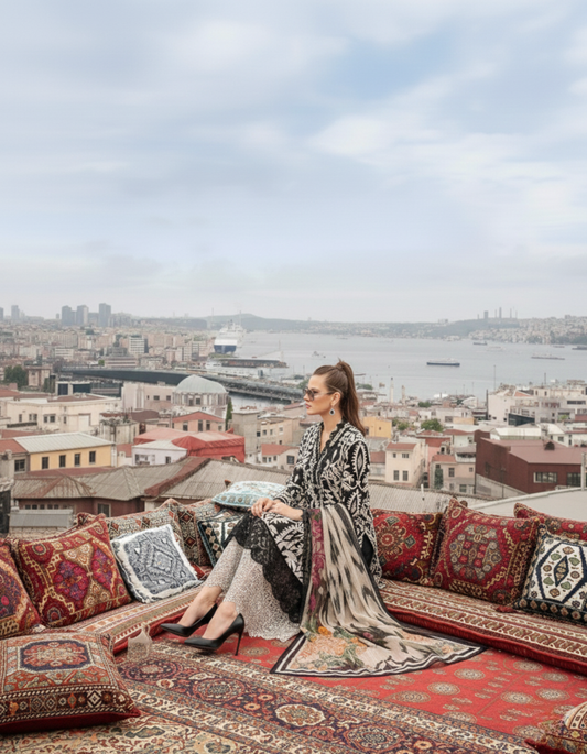 Black & Beige Unstitched Printed Embroidered Lawn 3-Piece Suit with Chiffon Dupatta