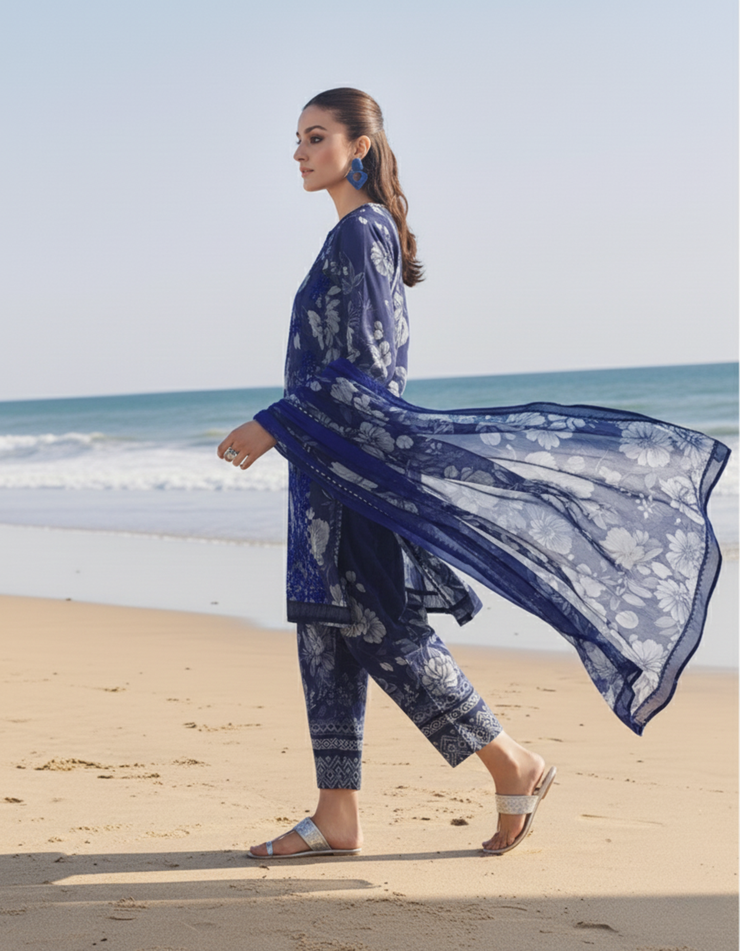Midnight Navy Unstitched Embroidered Lawn 3-Piece Suit with Chiffon Dupatta