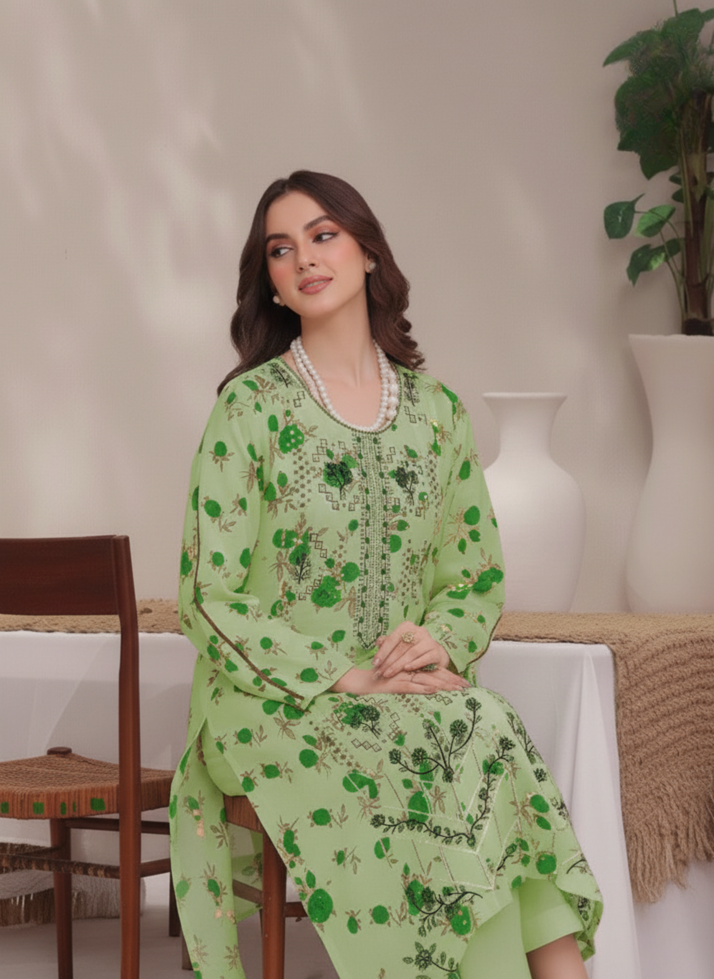 Pistachio Green Embroidered Lawn Suit with Digital Print Dupatta – 3-Piece Unstitched