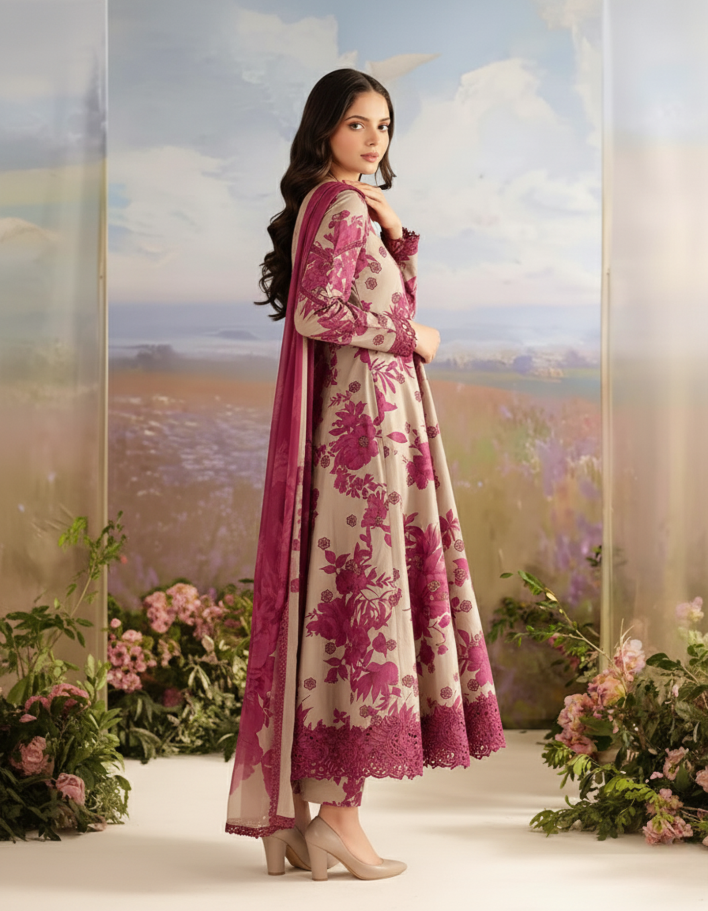Striking Taupe & Magenta Floral Unstitched Printed and Embroidered 3-Piece Suit Pakistani Luxury Wear