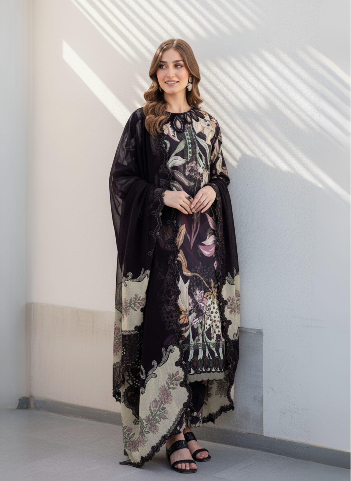 Black Unstitched Printed Embroidered Lawn 3-Piece Suit with Lawn Dupatta