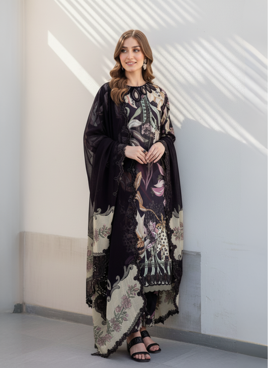 Black Unstitched Printed Embroidered Lawn 3-Piece Suit with Lawn Dupatta