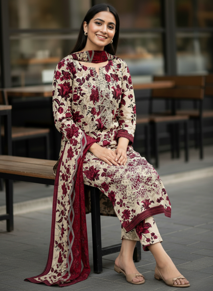Beige & Maroon Unstitched Printed Embroidered Lawn 3-Piece Suit with Lawn Dupatta