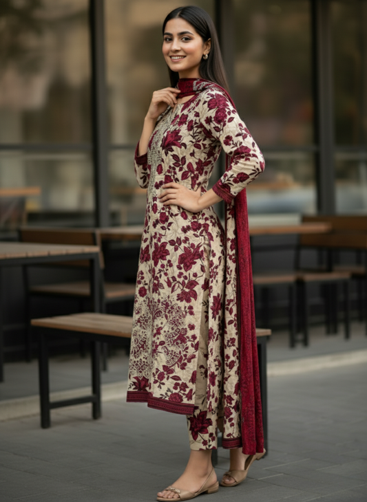 Beige & Maroon Unstitched Printed Embroidered Lawn 3-Piece Suit with Lawn Dupatta