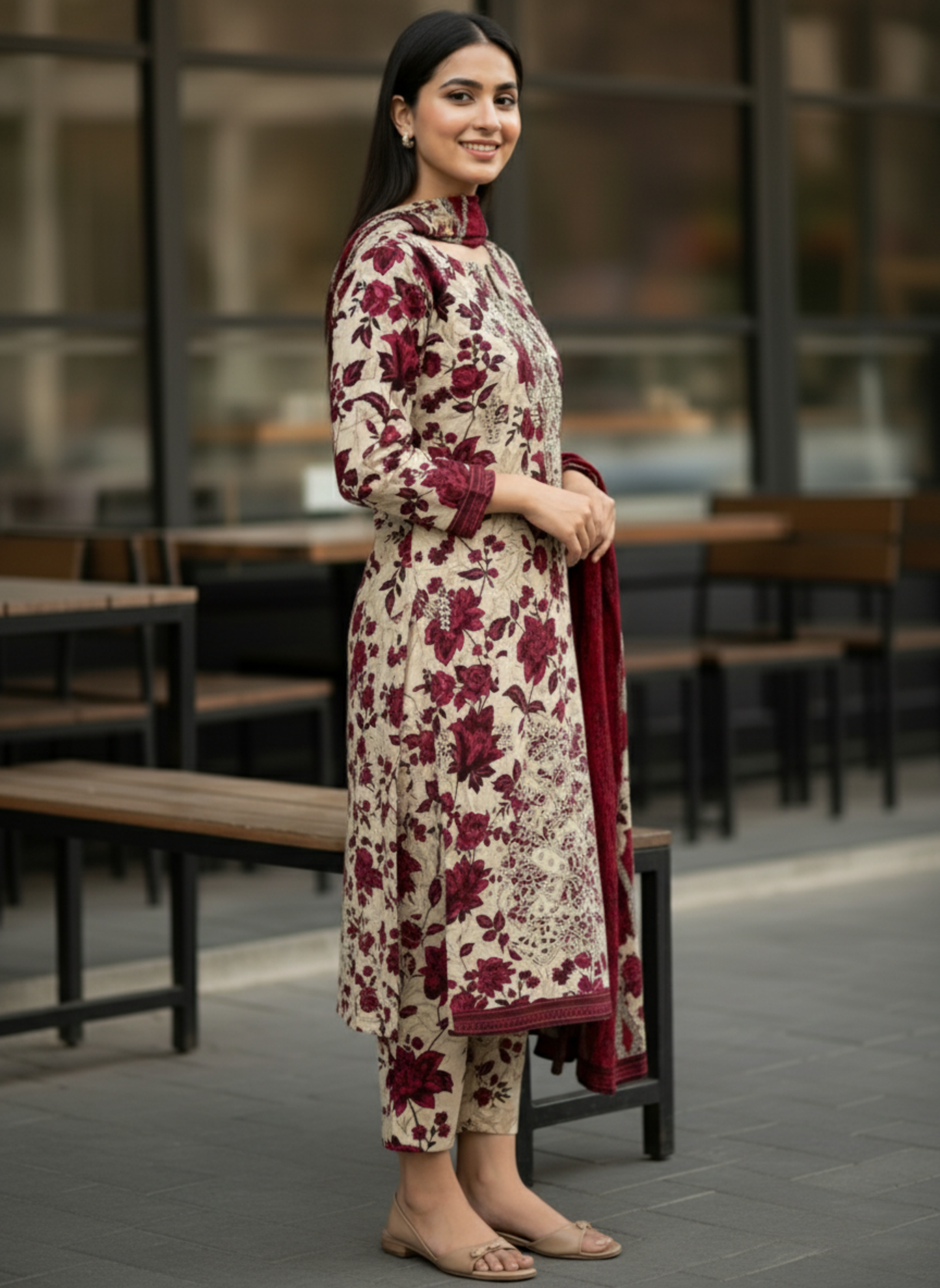 Beige & Maroon Unstitched Printed Embroidered Lawn 3-Piece Suit with Lawn Dupatta
