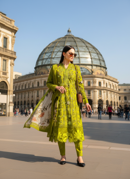 Lime Green Unstitched Printed Embroidered Lawn 3-Piece Suit with Lawn Dupatta