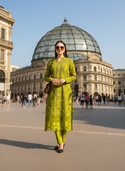 Lime Green Unstitched Printed Embroidered Lawn 3-Piece Suit with Lawn Dupatta