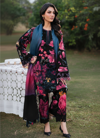 Luxury Black Floral Embroidered Lawn 3-Piece Unstitched Suit With Lawn Dupatta