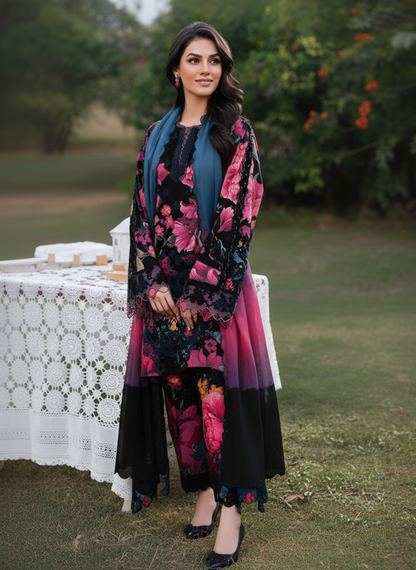 Luxury Black Floral Embroidered Lawn 3-Piece Unstitched Suit With Lawn Dupatta