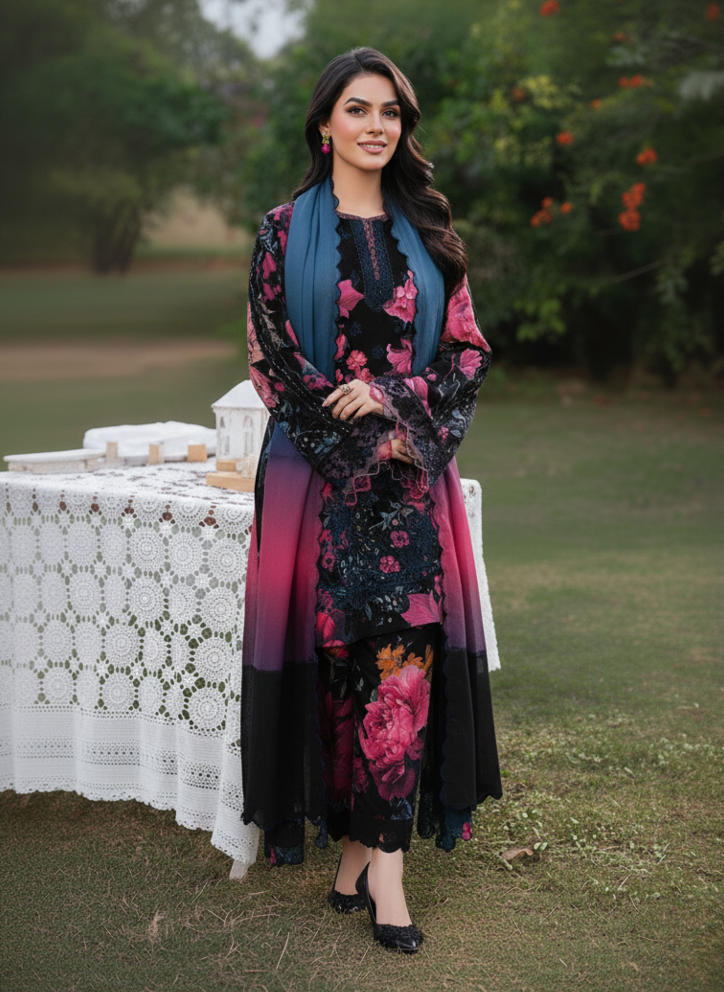 Luxury Black Floral Embroidered Lawn 3-Piece Unstitched Suit With Lawn Dupatta