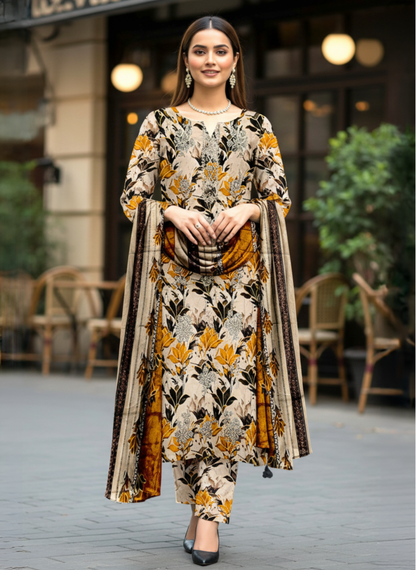 Beige & Mustard Floral Unstitched Printed Embroidered Lawn 3-Piece Suit with Lawn Dupatta
