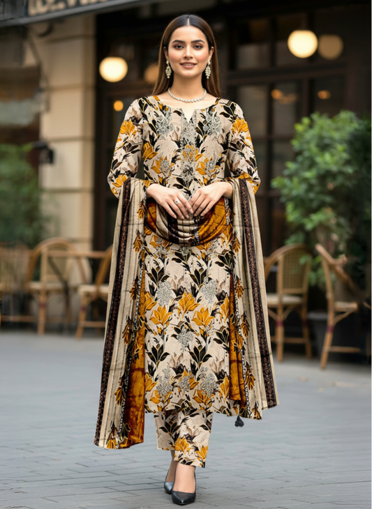 Beige & Mustard Floral Unstitched Printed Embroidered Lawn 3-Piece Suit with Lawn Dupatta