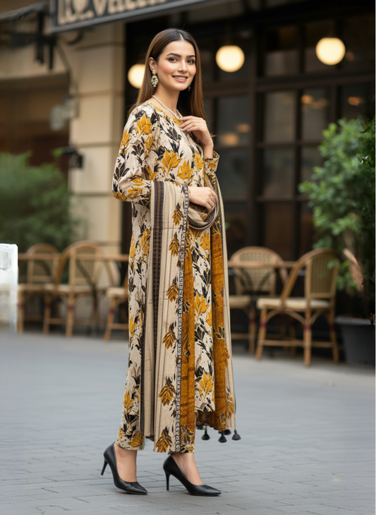 Beige & Mustard Floral Unstitched Printed Embroidered Lawn 3-Piece Suit with Lawn Dupatta