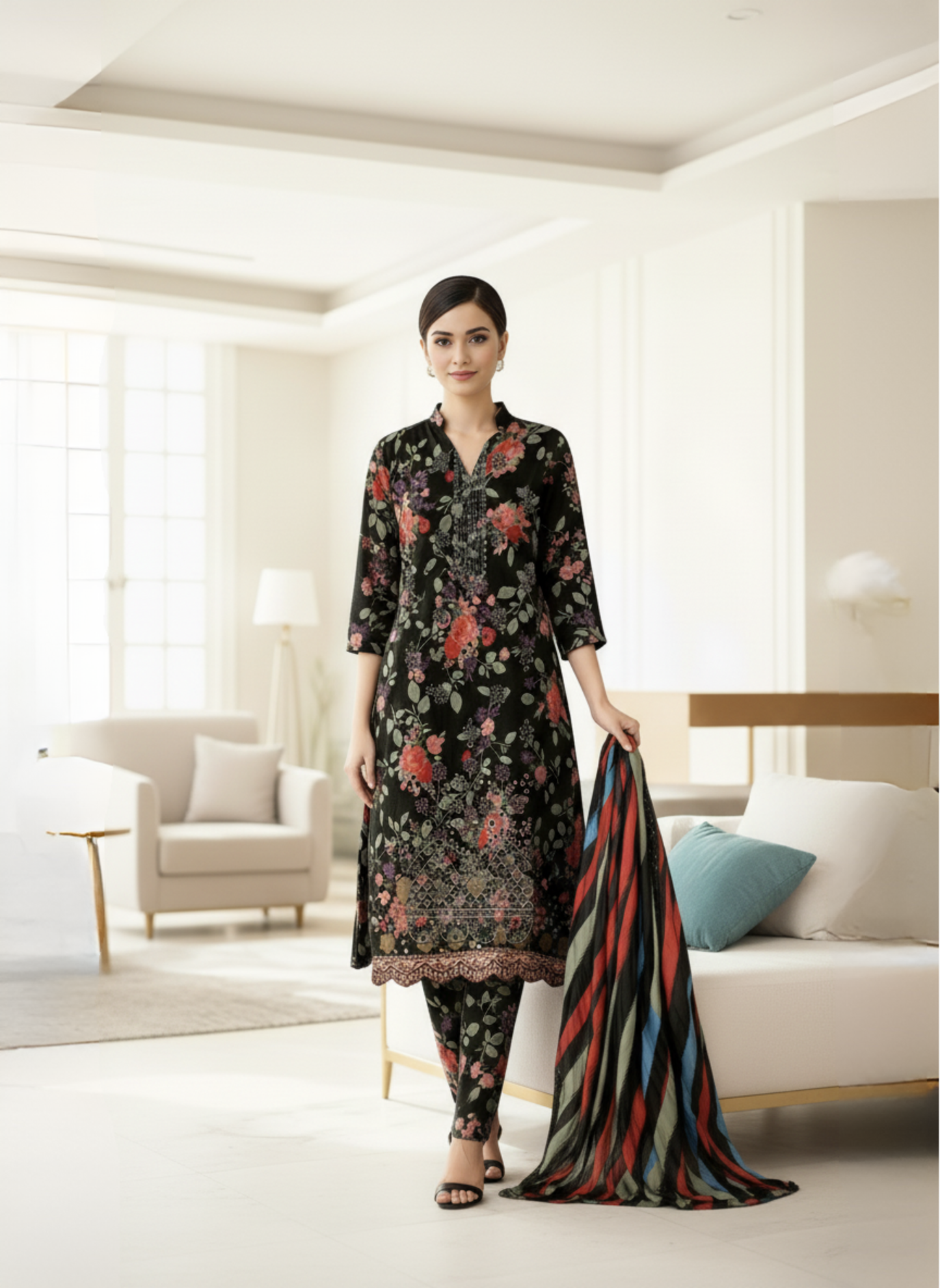Black Floral Unstitched Printed & Embroidered Lawn 3-Piece Suit With Multi-Color Lawn Dupatta