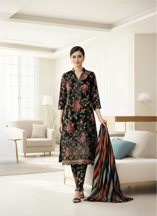 Black Floral Unstitched Printed & Embroidered Lawn 3-Piece Suit With Multi-Color Lawn Dupatta