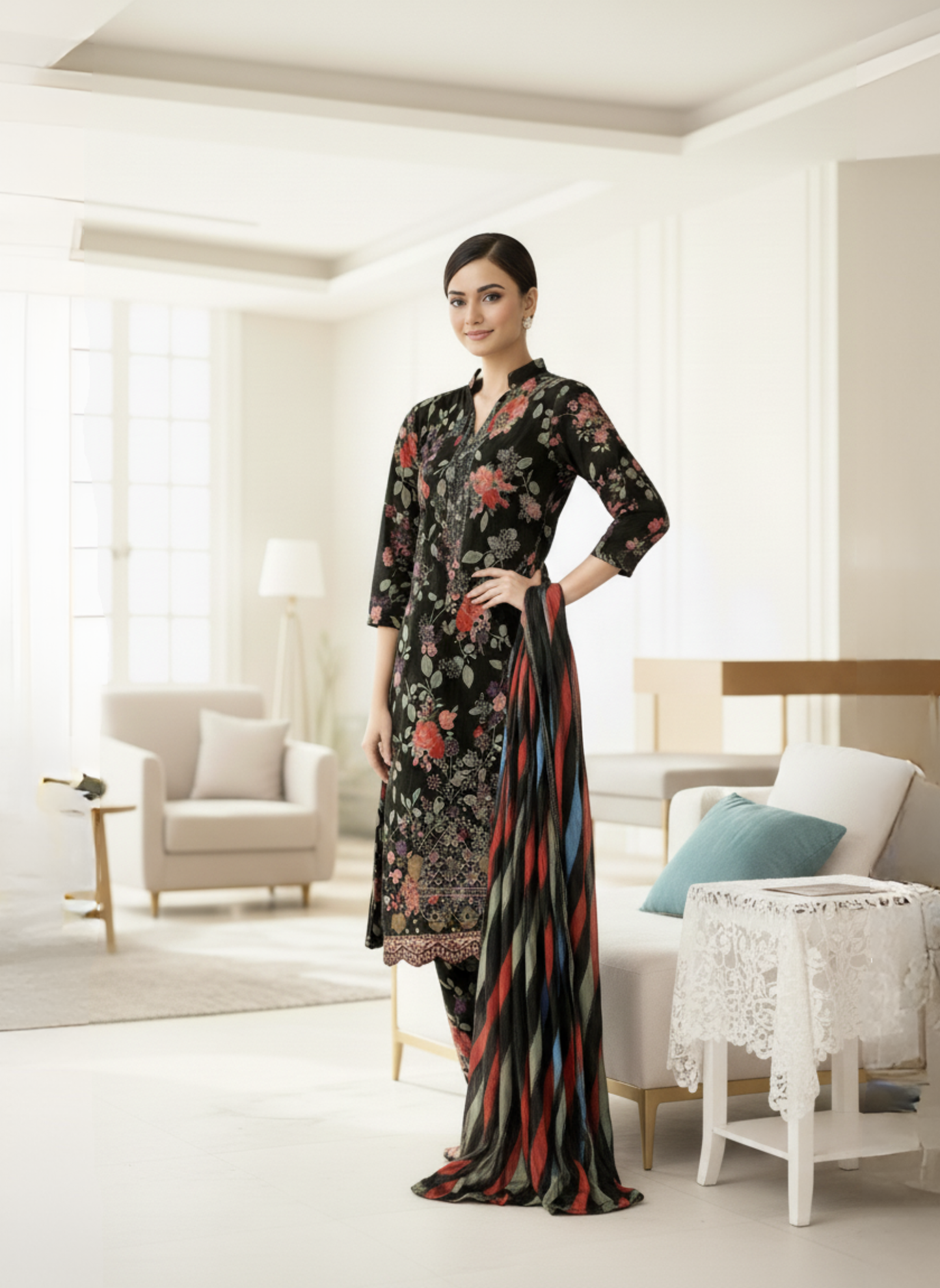Black Floral Unstitched Printed & Embroidered Lawn 3-Piece Suit With Multi-Color Lawn Dupatta