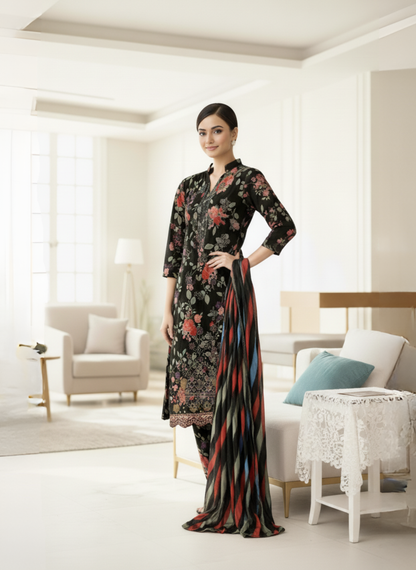 Black Floral Unstitched Printed & Embroidered Lawn 3-Piece Suit With Multi-Color Lawn Dupatta