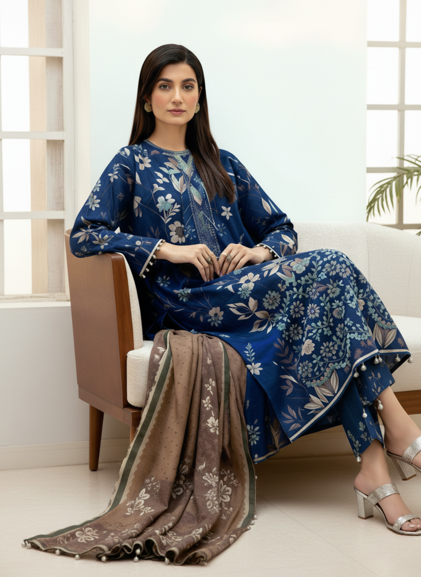 Royal Blue Floral Printed Lawn 3-Piece Unstitched Suit with Contrast Lawn Dupatta