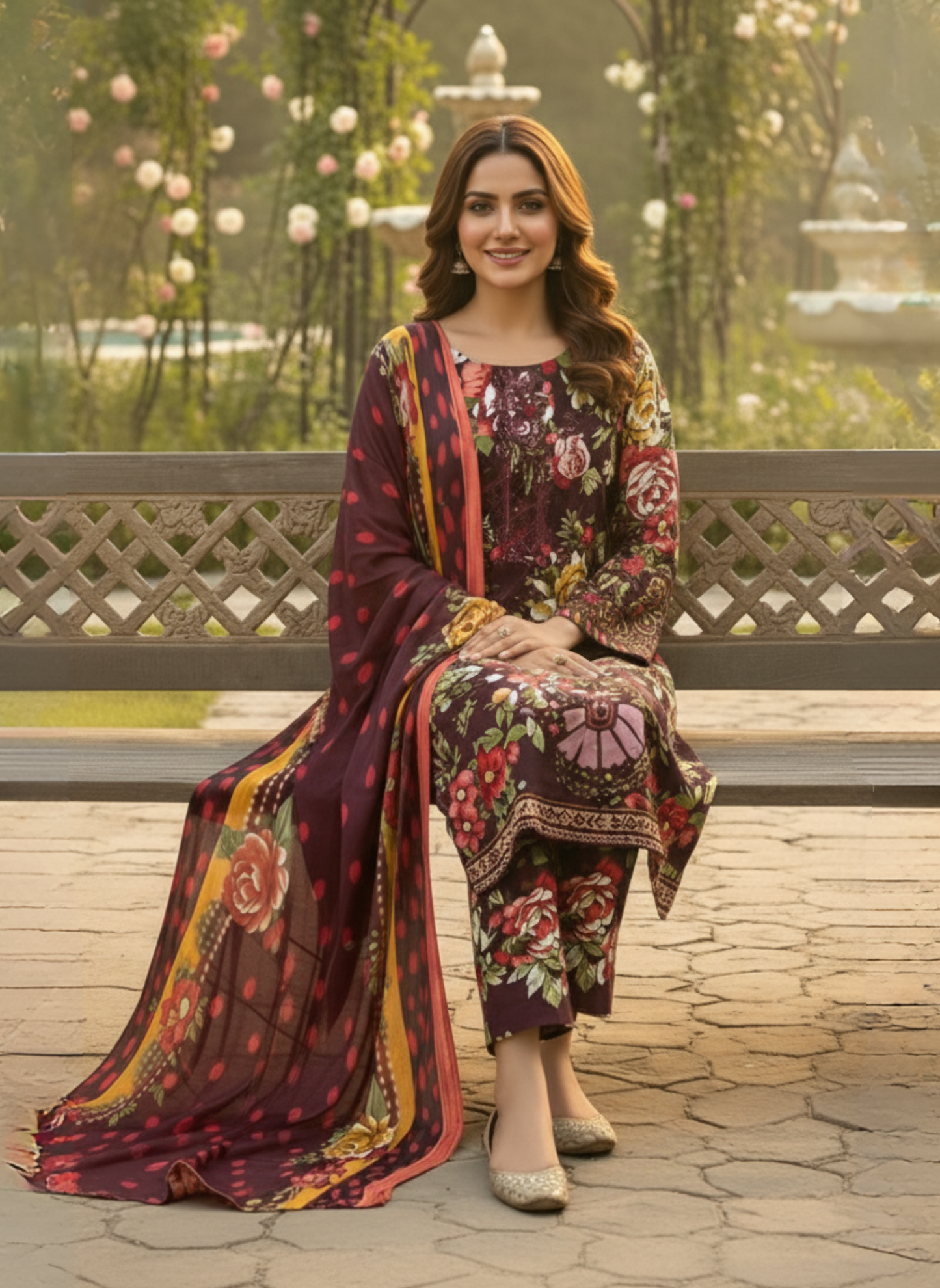 Maroon Embroidered Lawn 3-Piece Unstitched Suit with Lawn Dupatta