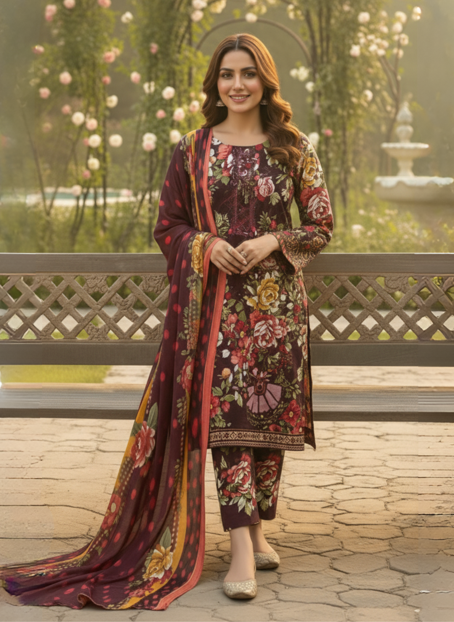 Maroon Embroidered Lawn 3-Piece Unstitched Suit with Lawn Dupatta