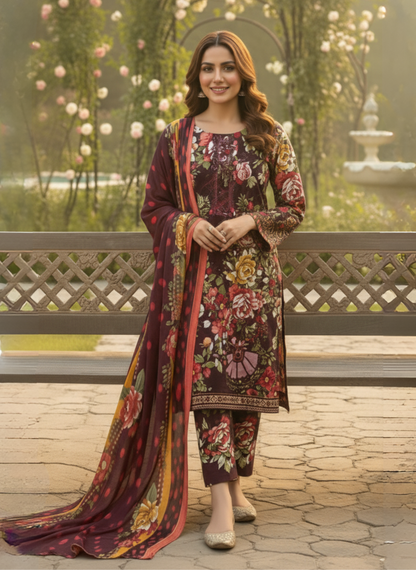 Maroon Embroidered Lawn 3-Piece Unstitched Suit with Lawn Dupatta