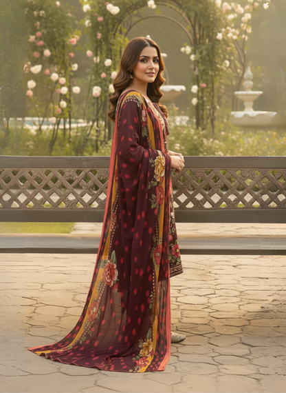 Maroon Embroidered Lawn 3-Piece Unstitched Suit with Lawn Dupatta