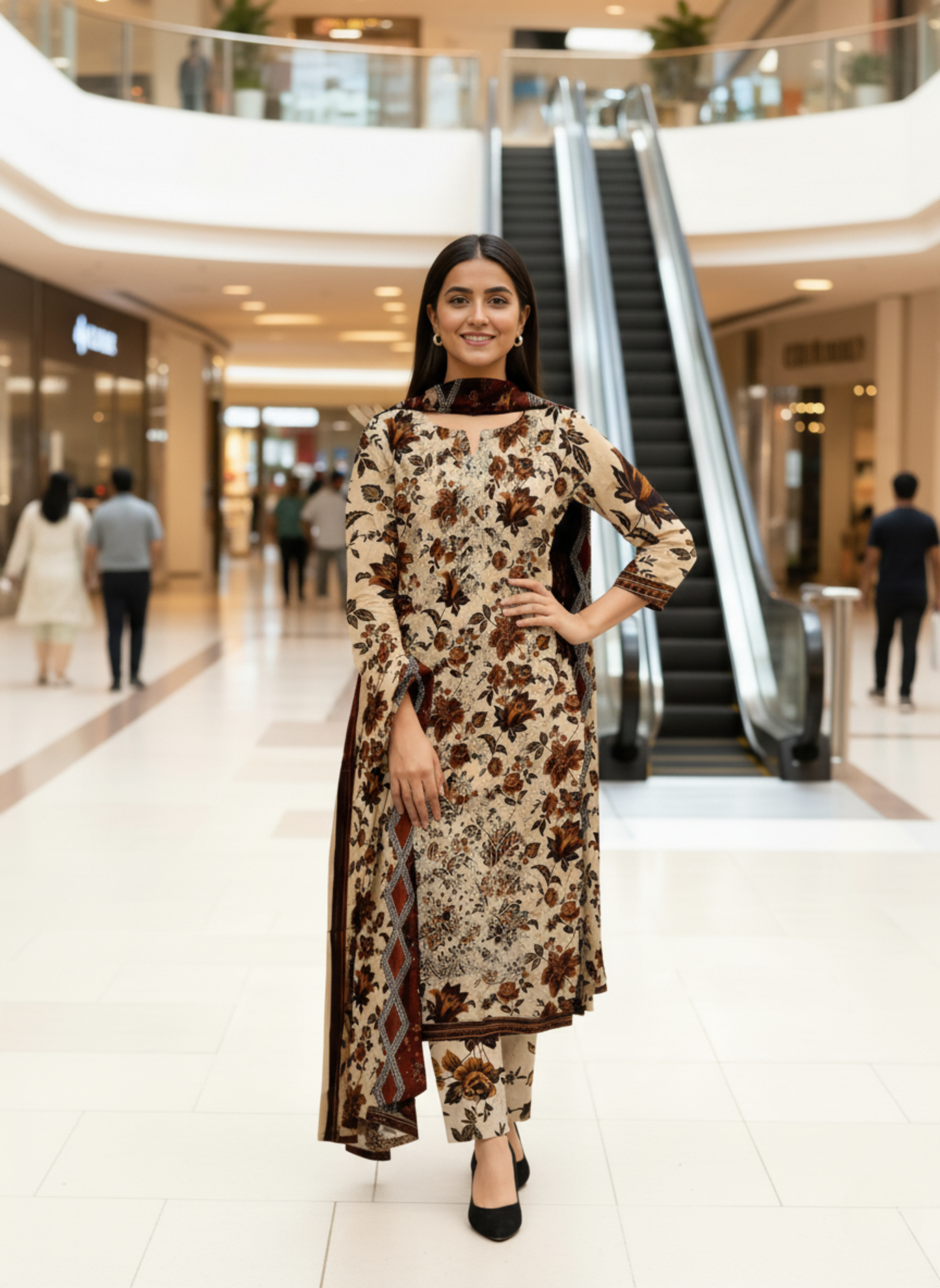 Cream & Maroon Printed Embroidered Lawn 3-Piece Suit with Lawn Dupatta