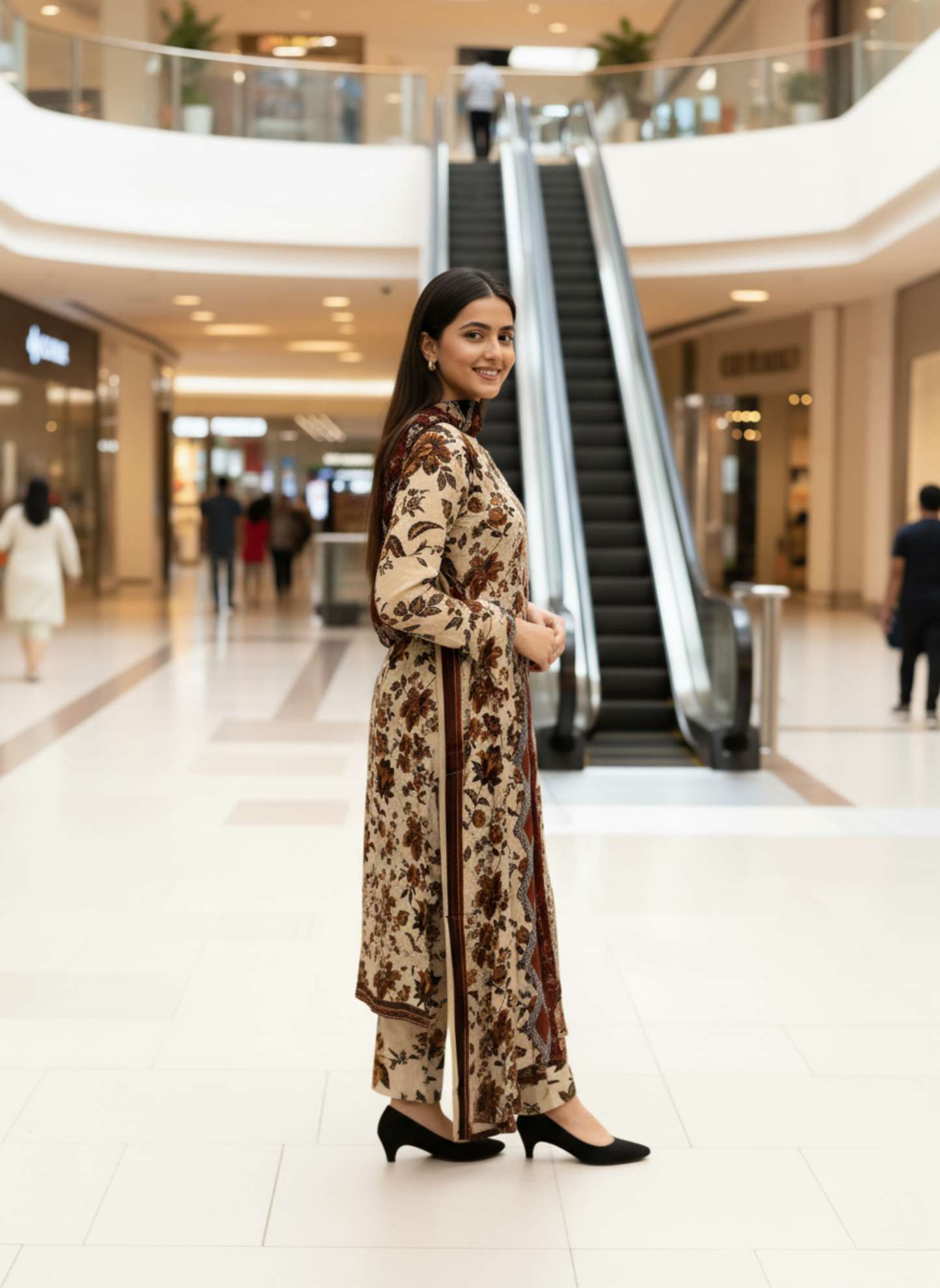 Cream & Maroon Printed Embroidered Lawn 3-Piece Suit with Lawn Dupatta