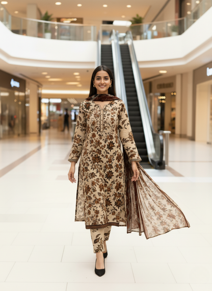 Cream & Maroon Printed Embroidered Lawn 3-Piece Suit with Lawn Dupatta