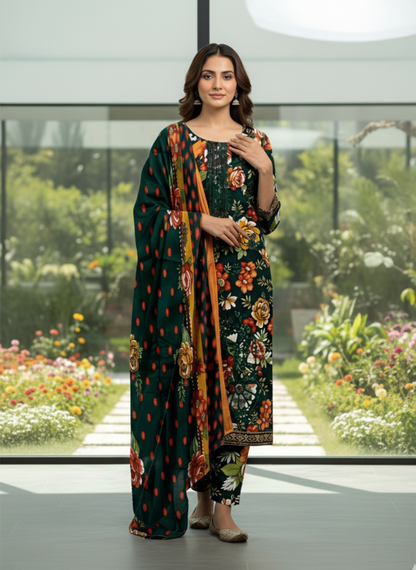 Green Floral Unstitched Printed & Embroidered 3-Piece Lawn Suit With Lawn Dupatta