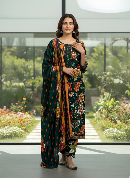Green Floral Unstitched Printed & Embroidered 3-Piece Lawn Suit With Lawn Dupatta