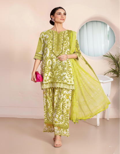 Lime Green Printed & Embroidered Unstitched Lawn 3-Piece Suit with Lawn Dupatta