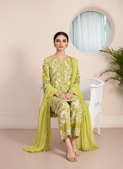 Lime Green Printed & Embroidered Unstitched Lawn 3-Piece Suit with Lawn Dupatta